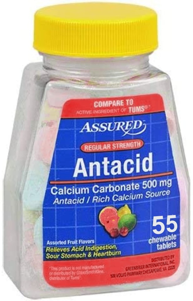 Assured Anti-Acid con calcio, regolare, 60 compresse masticabili