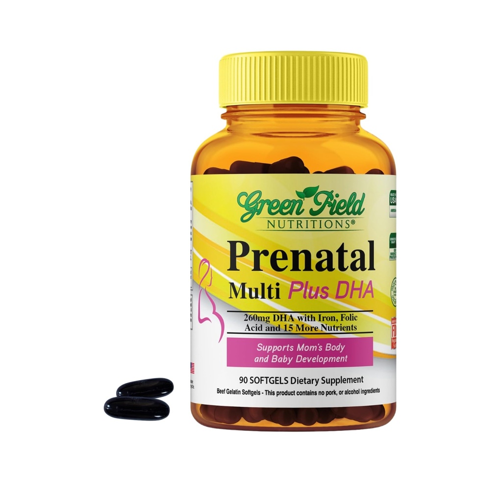 Greenfield Nutritions Halal Prenatal Vitamine mit DHA und Folsäure - Essential Prenatal Pregnancy Multivitamin mit Eisen - Enthält 17 Vitamine für Mutter zu sein - einfach zu Schlucken 90 Liquid Softgels