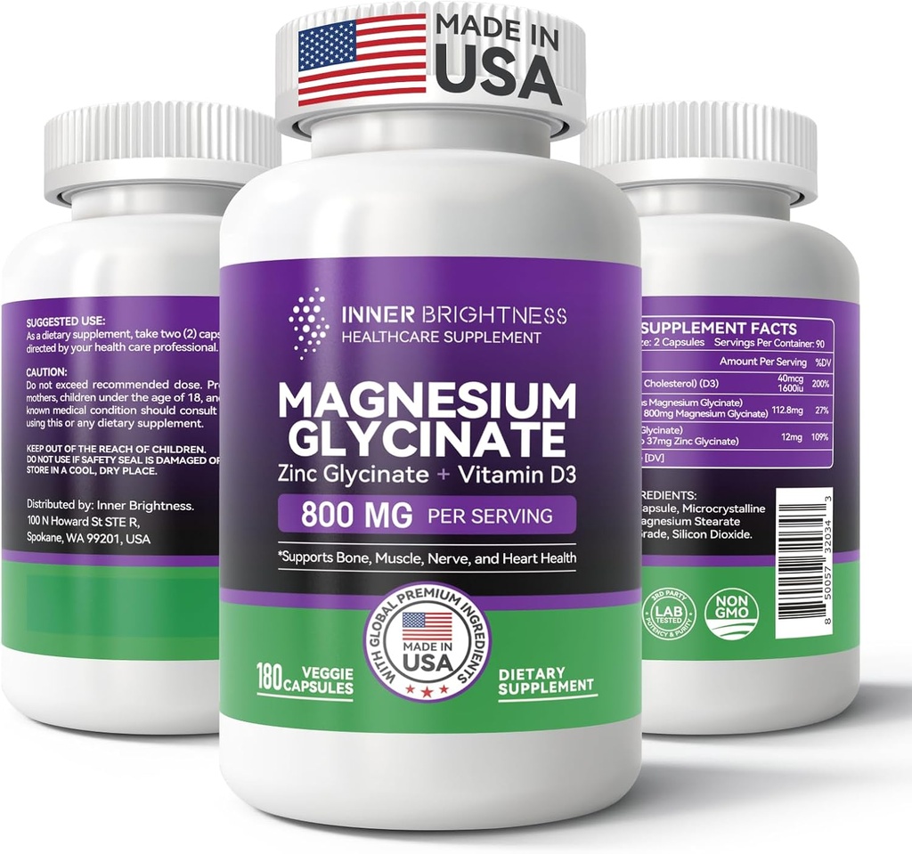 Magnesio Glycinate - Magnesio Supplemento con Zinco e Vitamina D3 per Sonno, Immune, Bone & Supporto Muscolare e Salute Del Cuore - Non OGM, Gluten-Free, Gentle on Stomach - 180 Capsule Vegetariani