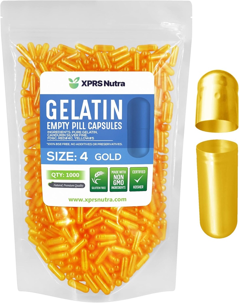 XPRS Nutra Size 4 Capsule Vuoti - 1000 Contare Piccole Capsule Gelatina Vuote - Pillole Riempimento Capsule fai-da-te - Fillable Pure Bovine Pill Gel Caps per Do-It-Yourself Supplements (Gold)