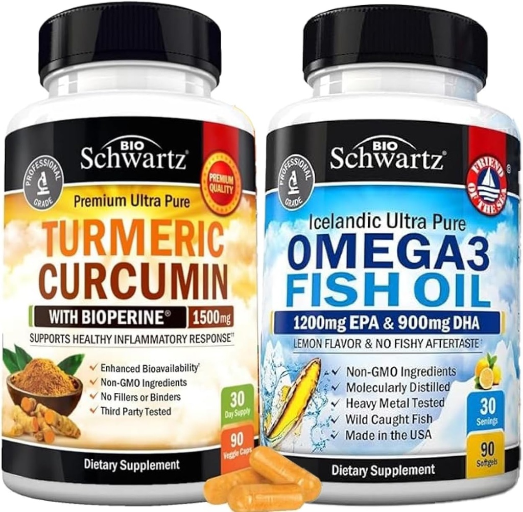 Triple Strength Omega 3 Fish Oil Softgels (1 Monat Versorgung) Plus Kurkuma mit schwarzem Pfeffer Extrakt 1500mg Complex (Trial Size)
