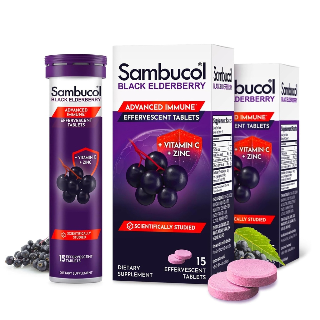 Sambucol Black Elderberry Tablets con vitamina C & Zinc - Integratore di Supporto Immune, Mirtillo Nero con Zinco e Vitamina C Tabelle Effervescenti, Antiossidanti Alti, Bevande Fizzies- 30 Conte
