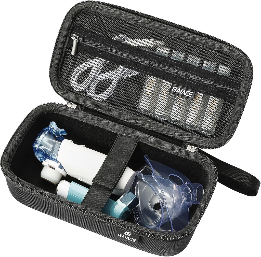 Housse de rangement rigide RAIACE pour nébuliseur portatif, sac de voyage Inhalateur Asthma. Poche en maille intégrée pour la médecine et les accessoires. - Noir