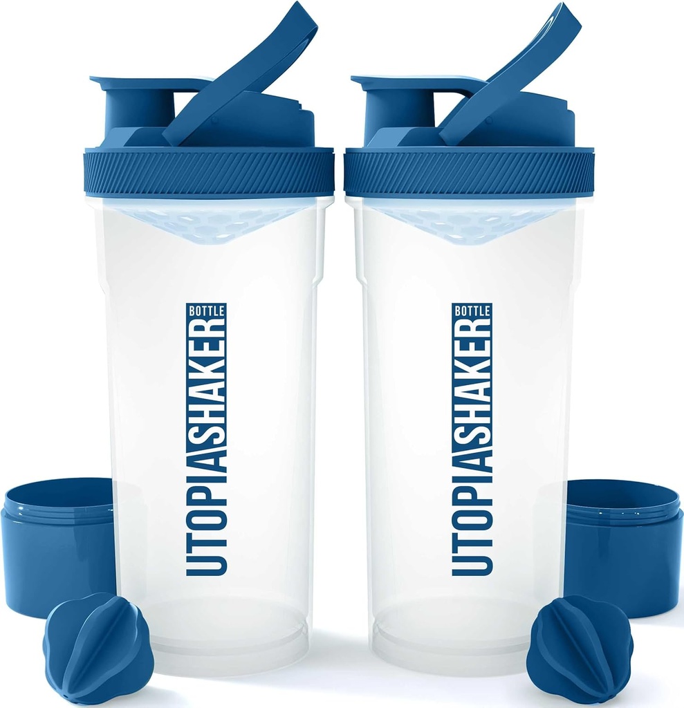 Utopia Home Shaker Bottiglia 2 Pack - 24 Ounce Plastic Protein o Cocktail Shaker Bottiglia per Pre & Post allenamento con Twist & Lock Protein Box Storage (Clear/Navy)