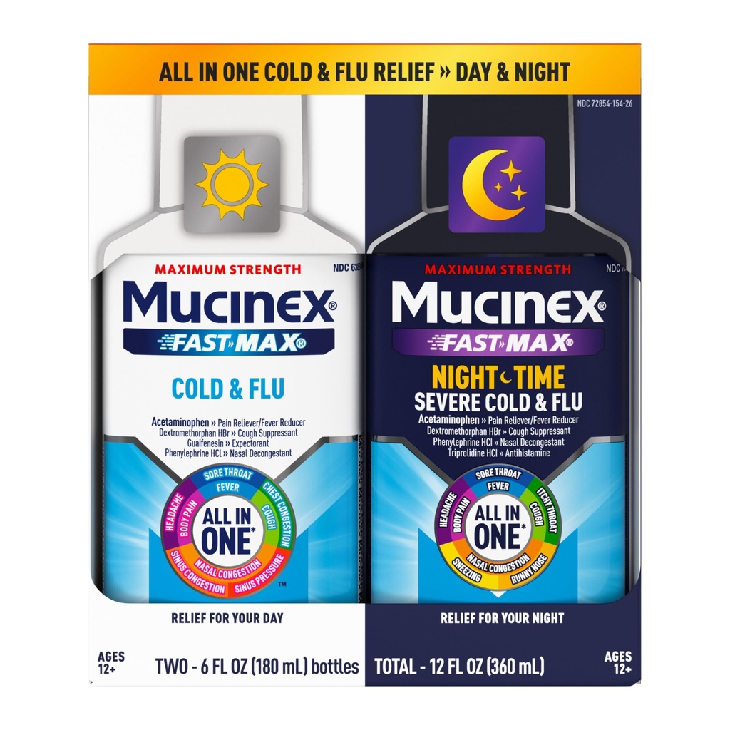 Mucinex Fast-Max Kalt- und Flu & Nachtschichtmedizin für Erwachsene, Over-The-Counter Medication Combo Pack für Sore Throat Relief, Decongestant, Cough & Cold Medicine (2 x 6 Fl Oz)