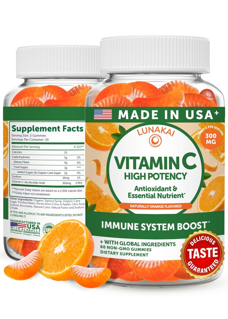 Gummie di vitamina C ad alta potenza per adulti e bambini - 300 mg di supporto immunitario - Non-OGM, Vegan, Delizioso aroma d'arancia, 60ct