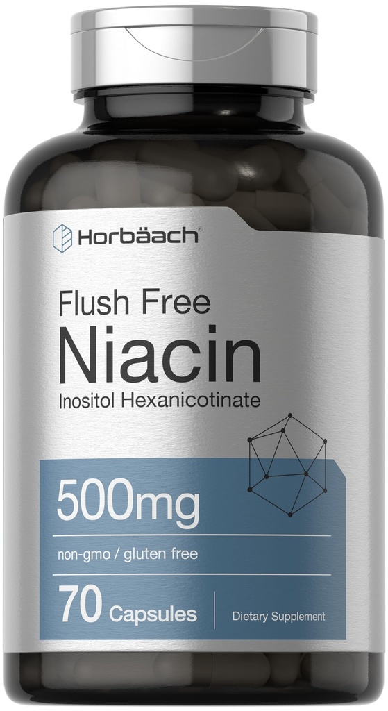 Horbaach Niacin 500mg Flush Free | 70 Kapseln | Vitamin B3 Inositol Hexanicotinat | Nicht-GVO und Glutenfrei