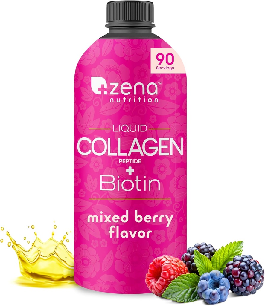 Peptidi di collagene liquido Zena Nutrition e biotina, 2500mg Peptidi di collagene bioattivo Verisol, 5000mcg Biotina, Capelli, Pelle, Supplemento per le donne e gli uomini, Bacca mista, 90 Serve, 30 fl oz