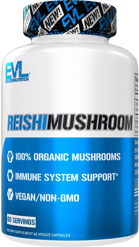 Evlution Nutrition Reishi Mushroom - Immune System & Health Support - 500mg Mushroom Supplement - 100% Organic, Vegan & Non-GMO - 60 Servings