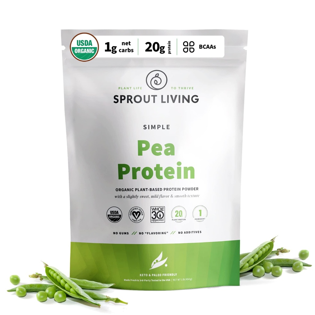 Sprout Living Organic Pea Protein Powder, Unflavored, 20 Gramm pflanzliches Proteinpulver ohne künstliche Süßungsmittel, Non Dairy, Non-GMO, Vegan, Glutenfrei (1 Pfund, 19 Portionen)