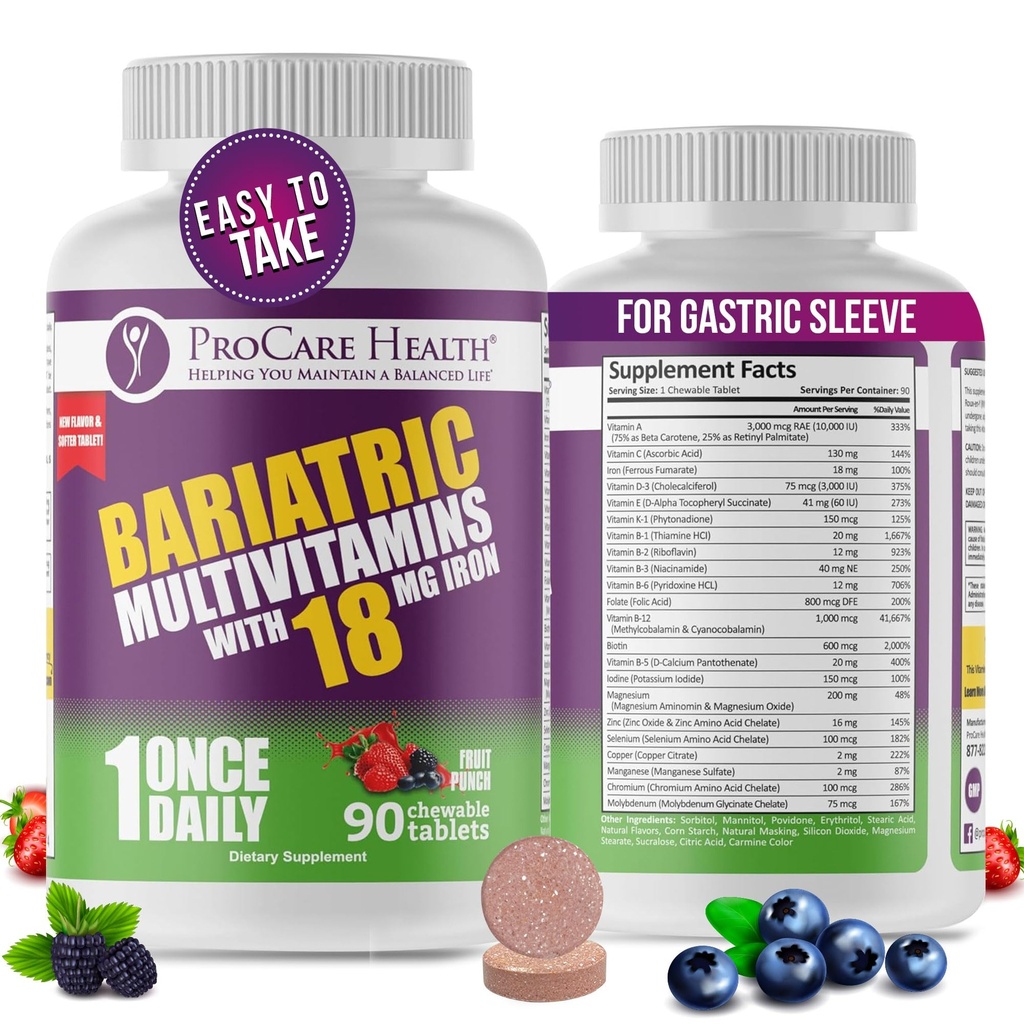 ProCare Health Bariatric Chewable Multivitamin mit Eisen 18mg (90 Tabletten) - Frucht-Punch Flavor - für Magen Bypass &amp; Sleeve Gastrectomy Patienten* (3 Monate Versorgung)