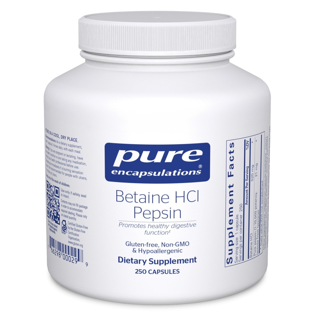 Reine Encapsulationen Betaine HCl Pepsin - Verdauungsenzyme Beilage für Verdauungshilfe & Unterstützung, Stomachsäure & Nährstoffaufnahme* - mit Betaine HCl Pepsin - 250 Kapseln