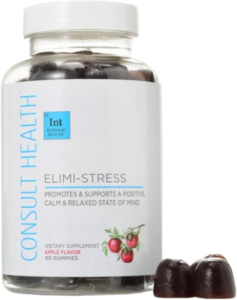 Consultez Santé - Gommies véganes ELIMI-Stress - Supplément anti-stress - Diminution de la fatigue - Saveur naturelle de pomme - Extrait de racines et de feuilles d'Ashwagandha - Extrait de tumérique - Sans caféine - Compte 60