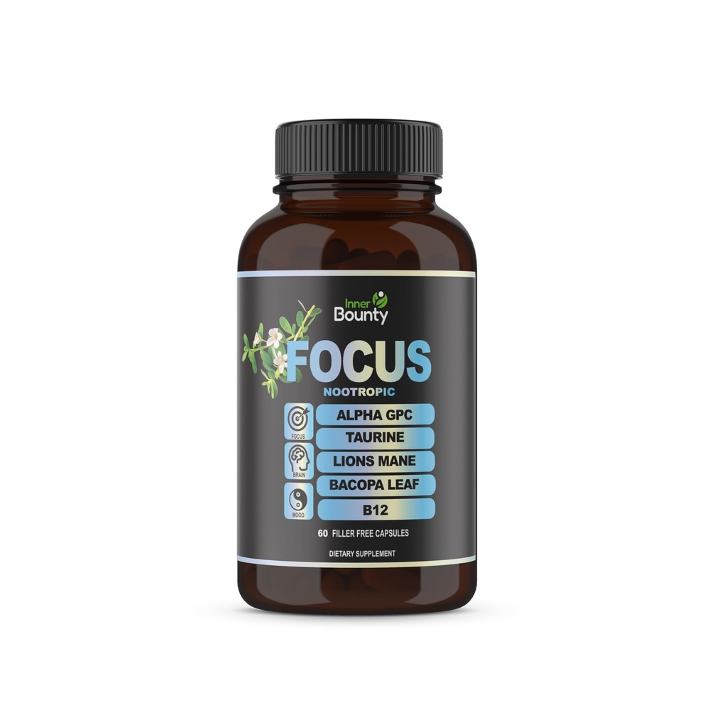 Fokus 14-in-1 Nootropic Brain Supplement mit Lions Mane, Alpha GPC Choline, Vitamin C & B12, Taurine, Bacopa - Energie, kognitiv, Memory Support, 60 Filler Kostenlose Kapseln