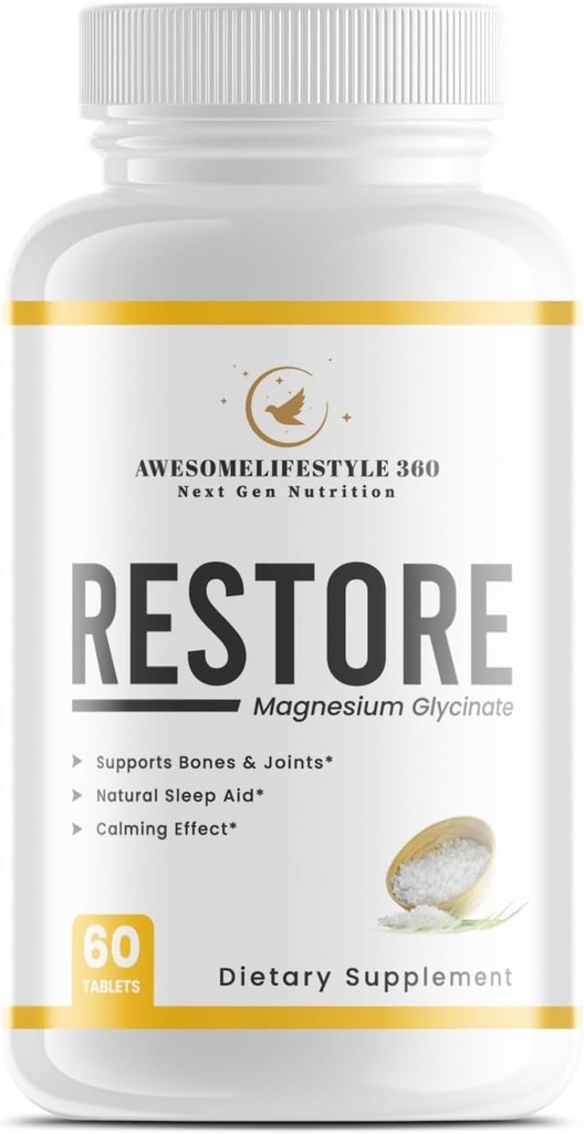 Awesomelifestyle360 Next Gen Nutrition Wiederherstellen Magnesium Glycinate natürliche Schlaf Vitamin-Kalk Das Gehirn, unterstützt Knochen und Gelenke, natürliche Schlafhilfe -(60 Tabletten)