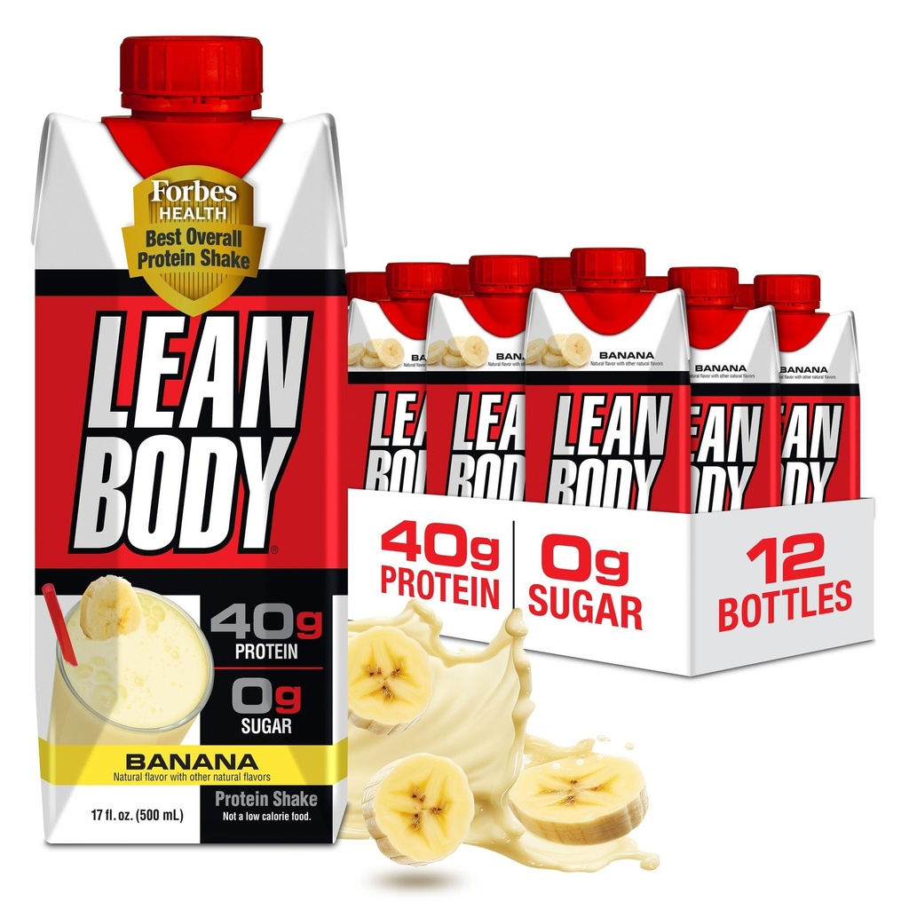 Lean Corps prêt à boire Secouement de protéines de banane, 40g de protéines, mélange de lactosérum, 0 sucre, sans gluten, 22 vitamines et minéraux, 17 once (carton et lard recyclables - boîte de 12) LABRADA