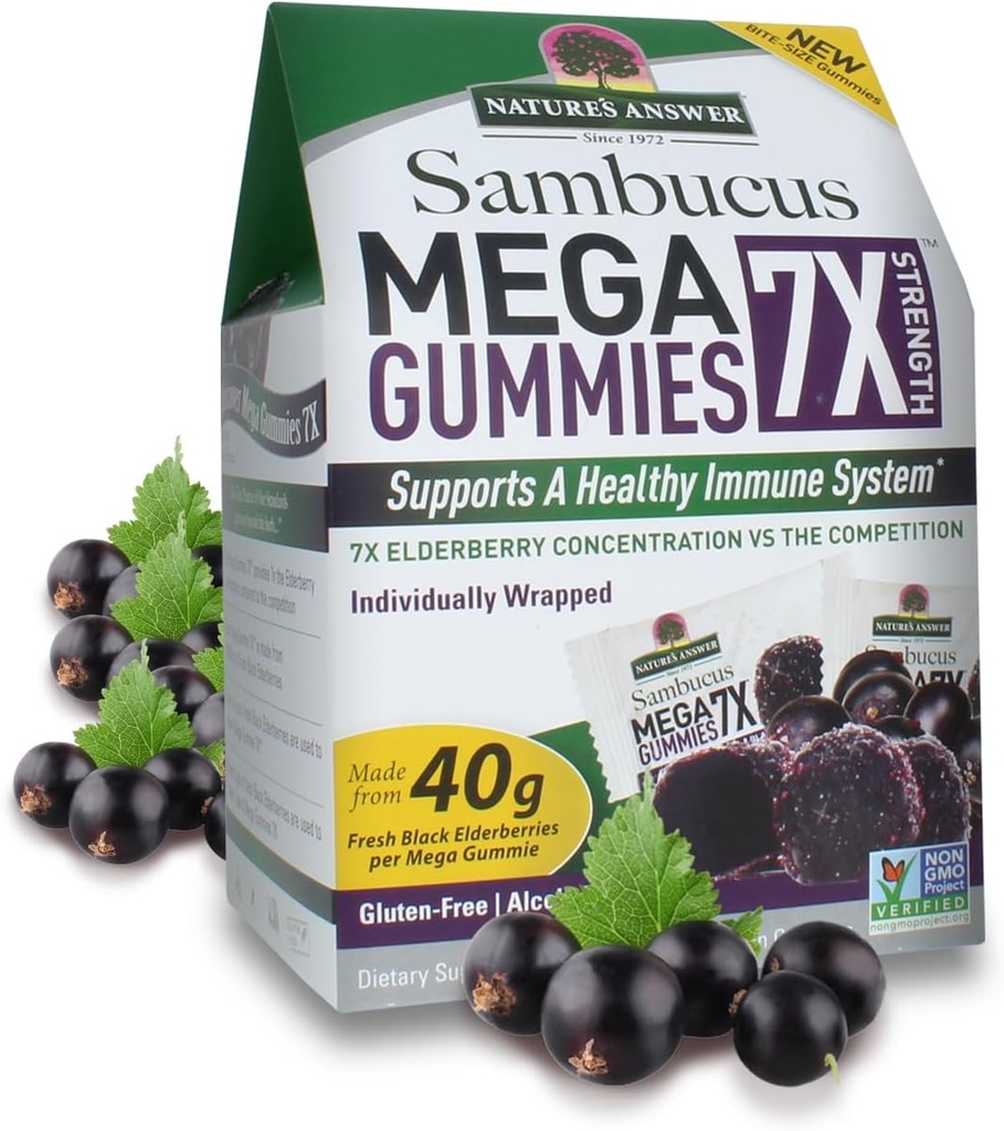 Natur Antwort Sambucus Mega Gummies | 7X Mehr Elderberry Konzentration | Alkoholfrei, Glutenfrei, Gelatin-frei, Vegan, Non-GMO und keine Konservierungsstoffe | 30ct Gummies (Pack von 2)