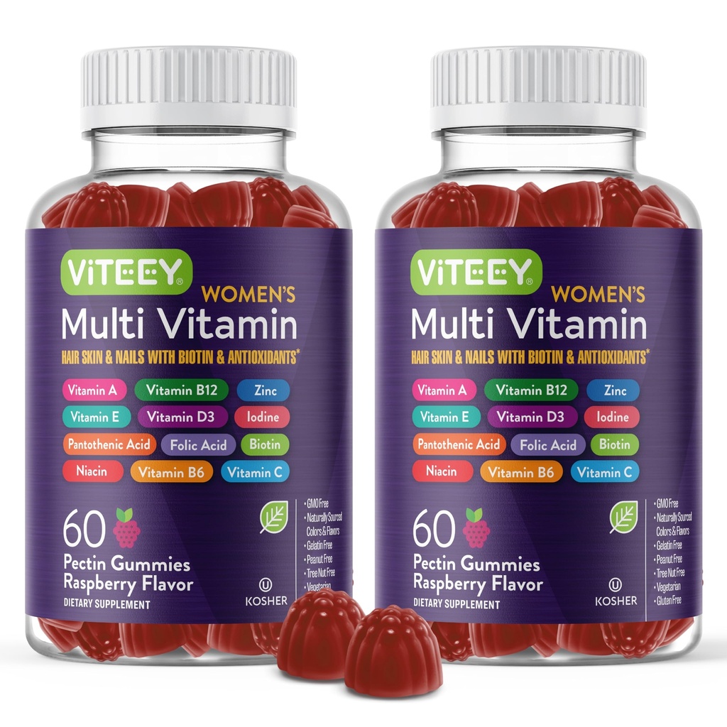 Viteey Womens Multivitamin Gummie - Immununterstützung - 12 in 1 essentielle Vitamine & Mineralstoffe - Vitamin A, C, D3, E, B6, B12, Folsäure, Biotin, Calcium, Zink &amp; Mehr - Vegetarisch - Raspberry Flavored