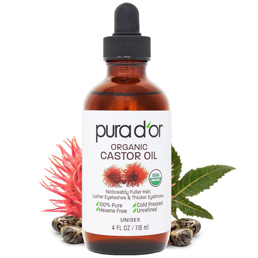 PURA D'OR 4 Oz ORGANIC Castor Oil - 100% reine USDA zertifiziert kalt gepresst, Hexane freie Wimpern & Augenbraue Serum - Für Fuller, Thicker Lashes & Brows - Haut & Haar