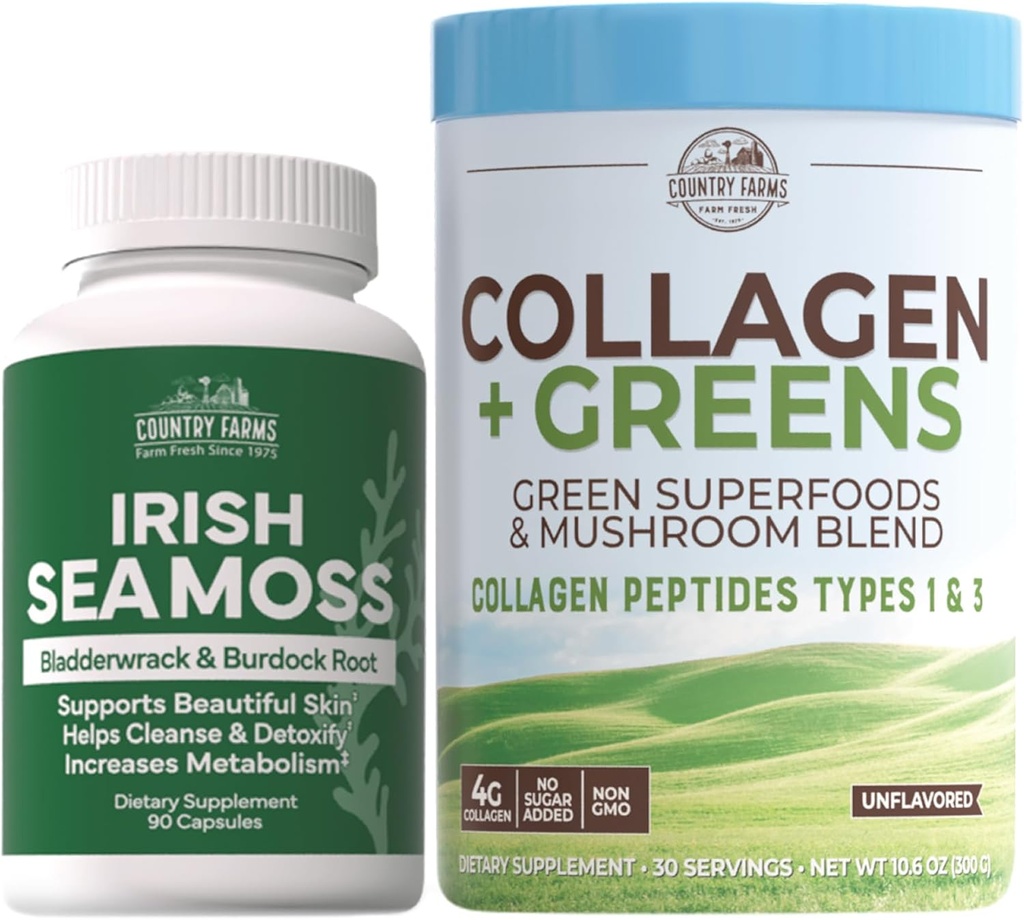Country Farms ‘Beauty Pack Collagen + Greens Irish Sea Moss, Collagen for Skin, Hair Growth, Nails & Joints, Ultimate Beauty Support Gift, Confezione da 2