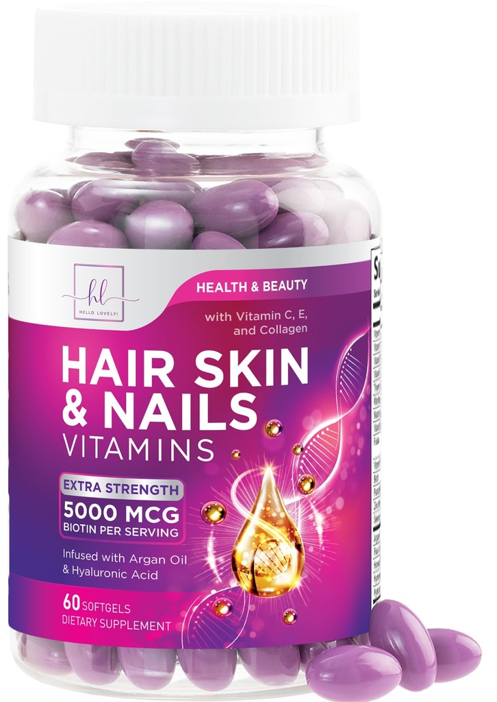 Haare, Haut und Nägel Vitamine für Frauen - Biotin 5000mcg zu unterstützen Haarwachstum mit Argan Öl, Collagen & Hyaluronsäure, schön, stärker Haut, Haar & Nägel Vitamin Supplement - 60 Softgels