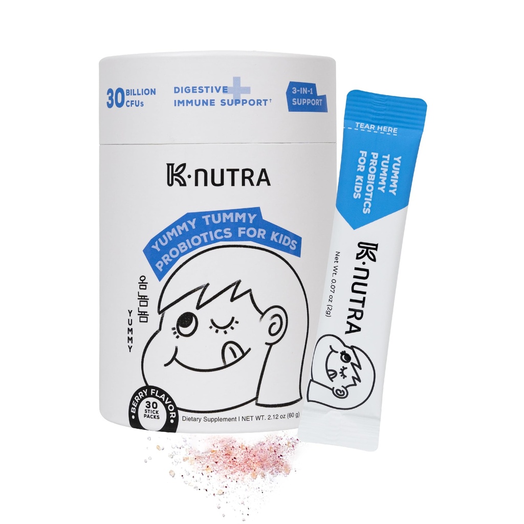K-Nutra Yummy Tummy Probiotics für Kinder | 2.12oz (30 Sticks) | 3-in-1 Prebiotic & Probiotic Powder | 30 Billion CFUs | Klinisch getestet | Unterstützt Verdauungs- und Immungesundheit | für Alter 3+