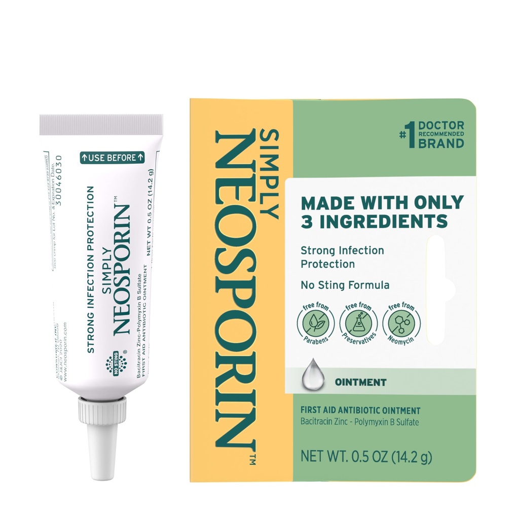 Neosporin Einfach Formel 3-Ingredient Erste Hilfe Antibiotische Salbe und Wund Pflege Behandlung mit Bacitracin Zink und Polymyxin B Sulfat, Konservierungsmittel-, Paraben- und Neomycin-frei, 0,5 oz