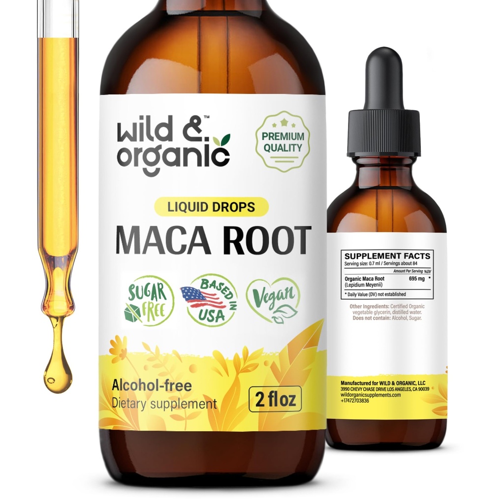 Wild & Organic Maca Root Drops for Women & Men - Mood, Focus, Active Lifestyle - Peruvian Maca Supplement - Vegan, Sugar & Alcohol-Free Tincture - 2 fl oz