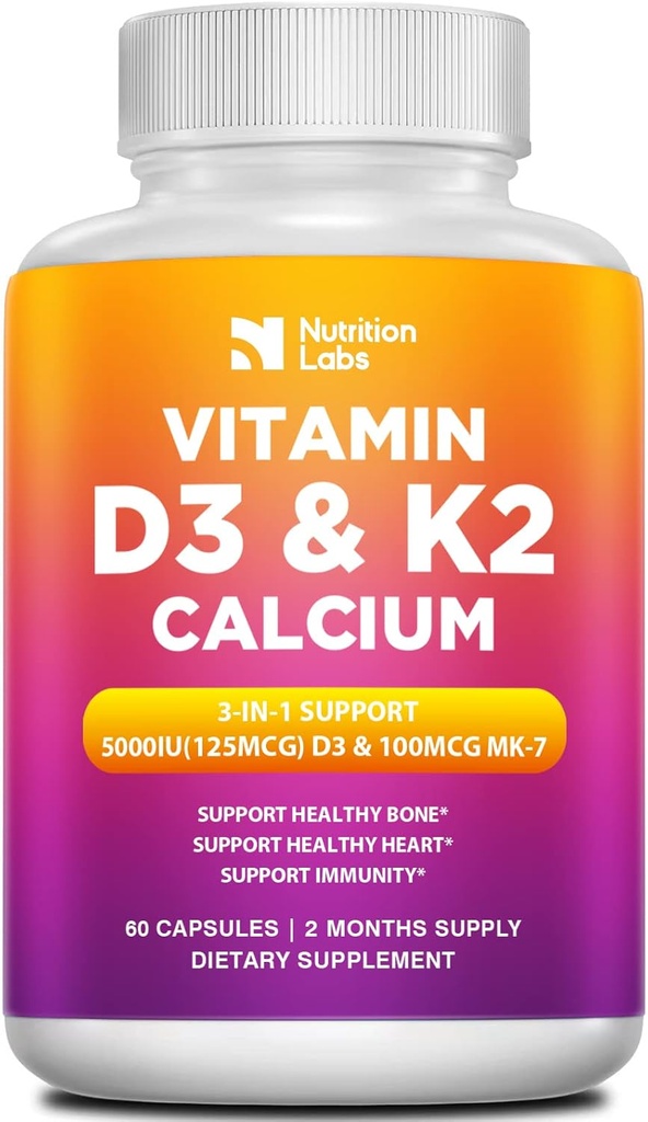 Vitamina D3 K2 5000 IU Supplemento con Calcio, Multivitaminici Supporta la salute immunitaria, le ossa forti, i denti e le funzioni cardiache con Bioperine Black Pepper Fruit Extract 60 Count (Pack of 1)