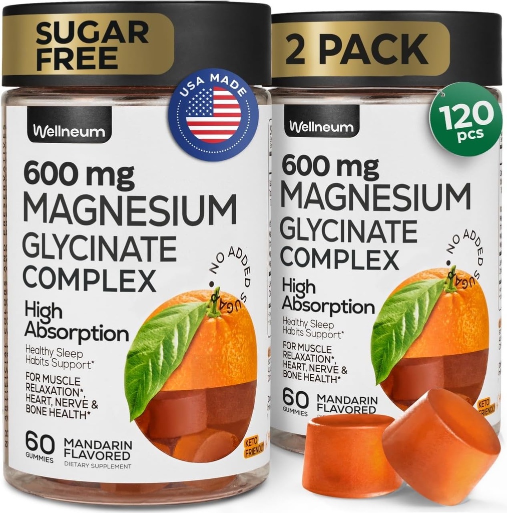 Magnesium Glycinate Gummies 600Mg 2 Pack - Hohe Absorption, Dreifache Kalk Magnesium Complex - Kauen für Entspannung und Schlaf - Gummy Supplement mit Vitamin D - Vegan, Zuckerfrei, Gut Friendly