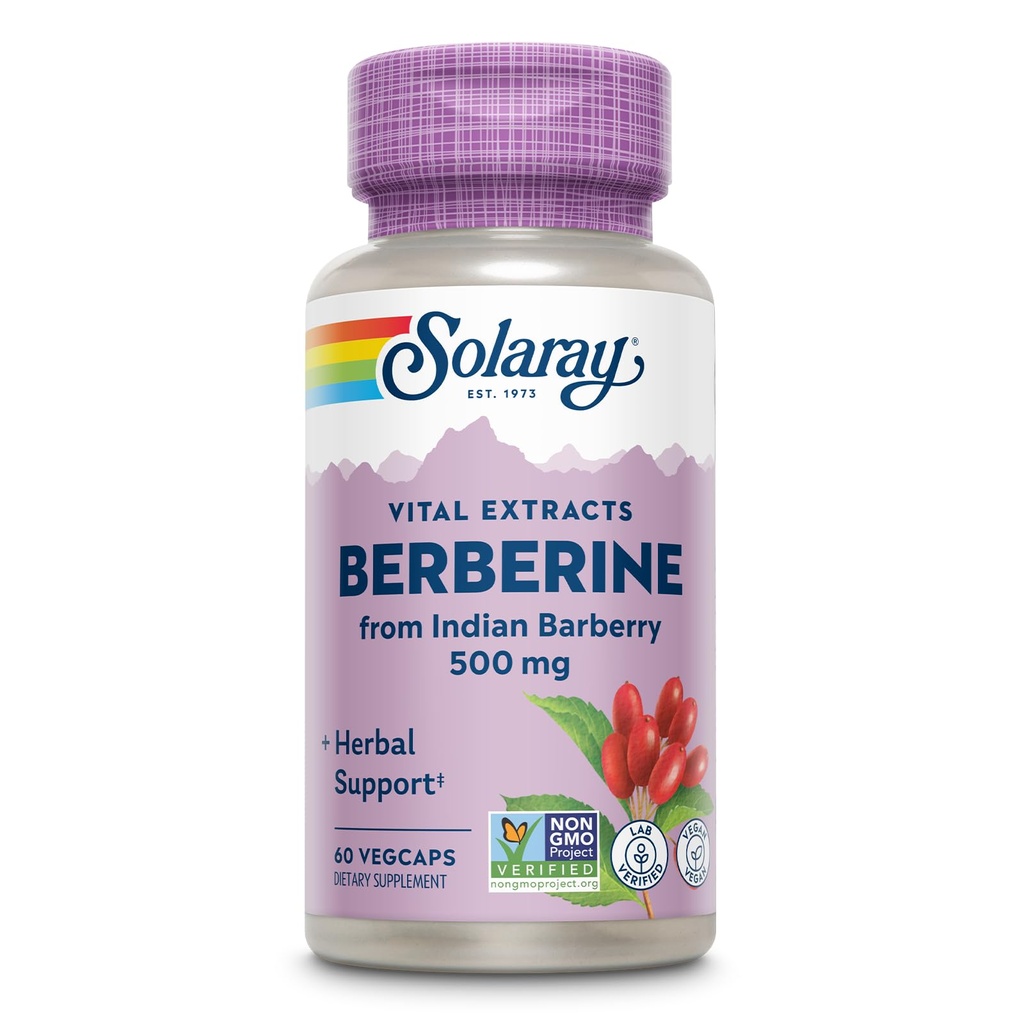 SOLARAY Berberine 500mg - Berberine-Ergänzung für einen gesunden, aktiven Lebensstil - mit Berberine HCl aus indischer Barbeere - Vegan, Non-GMO, 60-Day Garantie, Lab Verified - 60 Servietten, 60 VegCaps