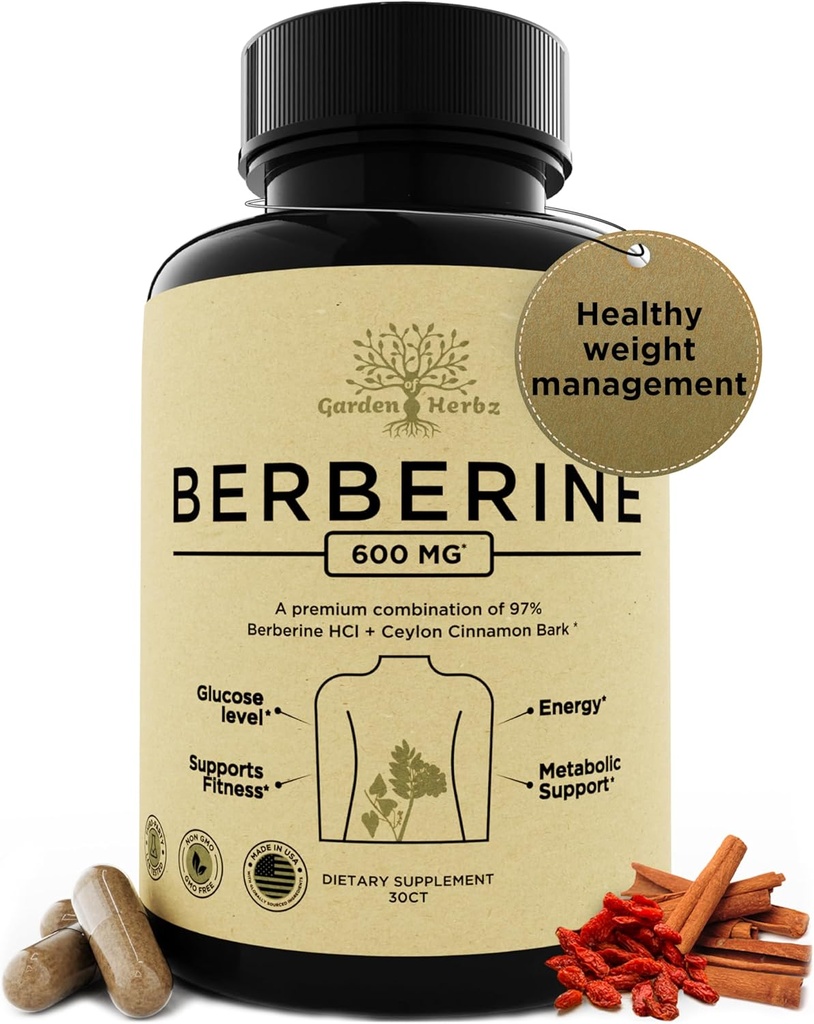 Supplément berbère de 600 Mg – Berberine HCL & Ceylan Cinnamon Capsules pour les femmes et les hommes – Soutient une saine gestion du poids et la digestion