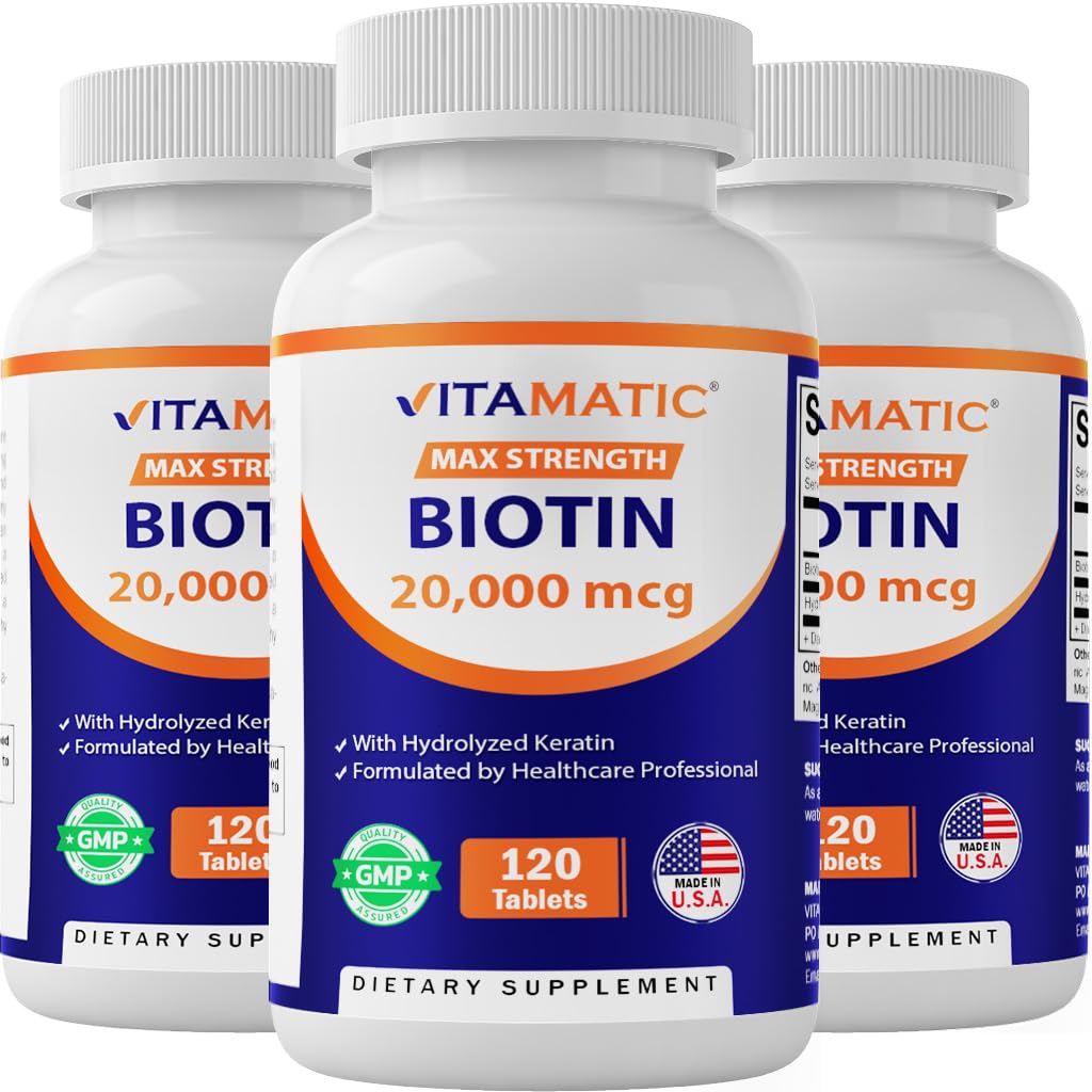 Vitamatic High Potency Biotin 20000 mcg (20mg) mit Keratin 100mg - 120 vegetarische Tablets - Biotin-Ergänzungen für gesünde Haarhaut & Nägel für Erwachsene (120 Count (Pack von 3))