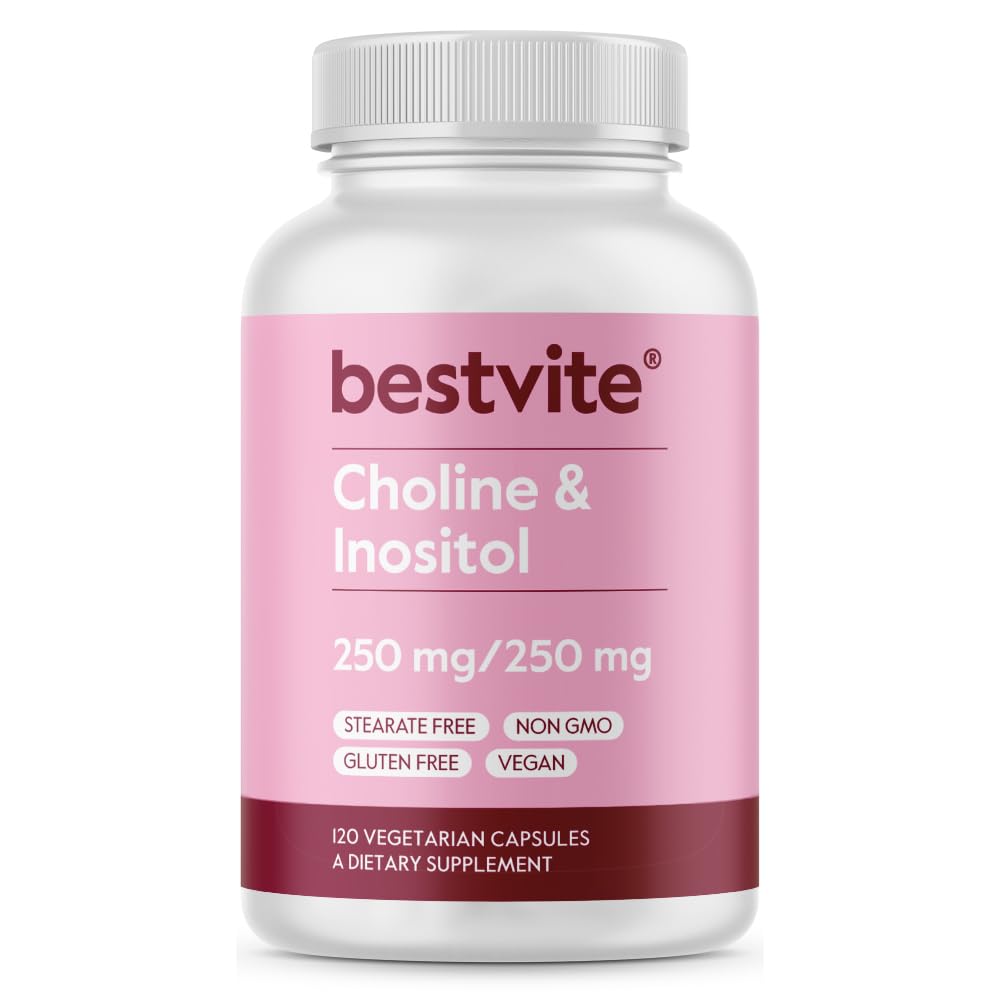 BESTVITE Choline Inositol 500mg (120 vegetarische Kapseln) - No Stearates - No Fillers - No Dicalcium Phosphate - Vegan - Non GMO - Glutenfrei