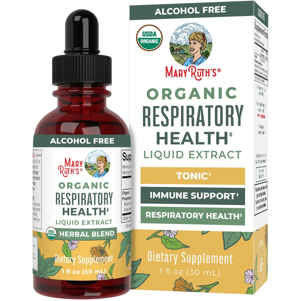 MaryRuth Organics USDA Organic Respiratory Health Liquid Drops with Mullein Leaf | Marshmallow Root & Elderberry | Mullein Drops for Lungs Herbal Blend | Integratore di supporto immunitario | Vegan | 1 Fl Oz