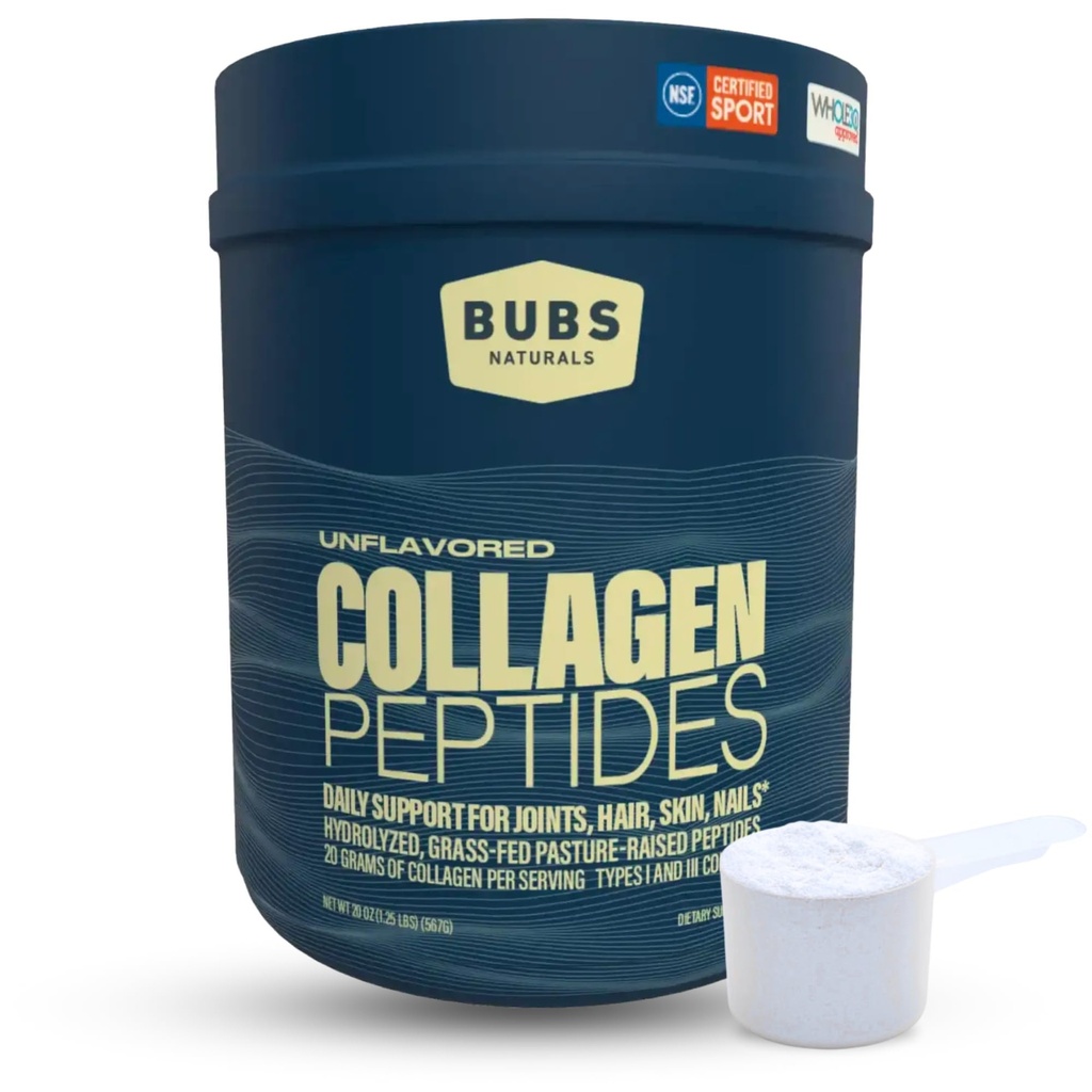 BUBS Naturals Collagen Peptides Poudre, Collagène pour les femmes et les hommes, Peptides hydrolysés, Pâturages non aromatisés élevés à l'herbe Fed, Paleo Keto Friendly, soutient la peau des cheveux et la santé articulaire (20 oz) 28 portions