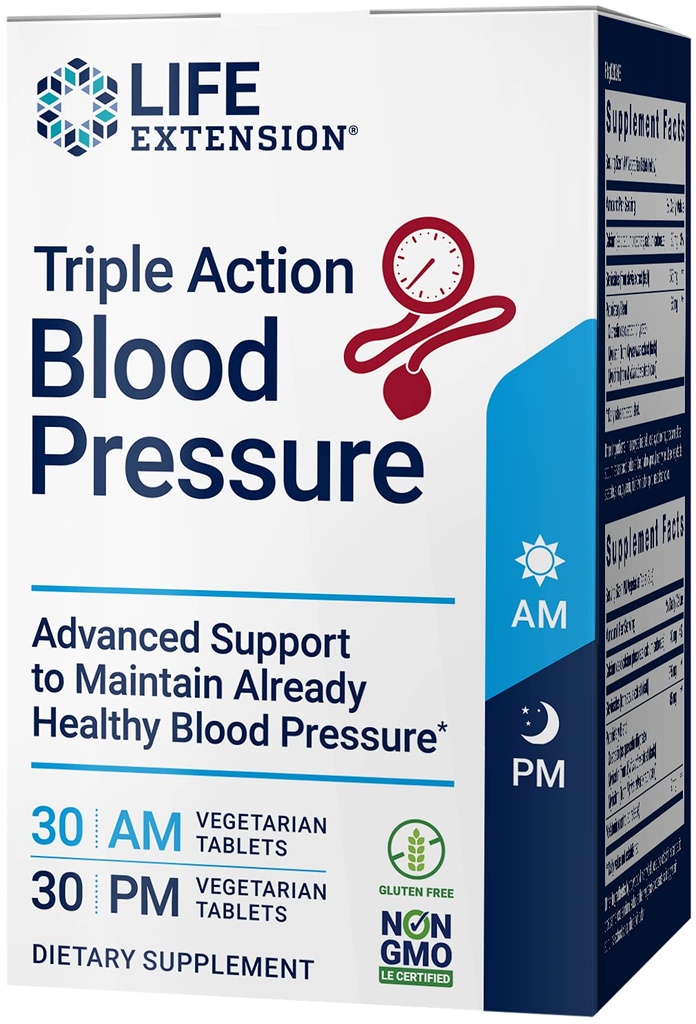 Life Extension Triple Action Pression artérielle, Supplément santé cardiaque, quercétine, extrait de stévia, mélatonine, soutien du matin et de la nuit, sans gluten, non OGM, végétarien, 60 comprimés