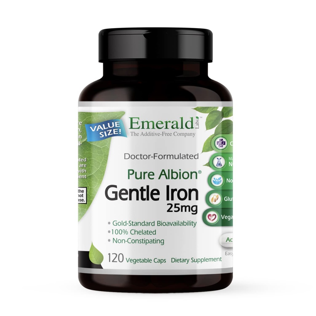 Emerald Labs Gentle Iron 25mg - Eisen-Bisglycinat-Chelat - Chelateisen-Ergänzung, die Energie, Auge, Immune & Herzgesundheit unterstützt - 120 Gemüsekapseln (120-Tage-Versorgung)