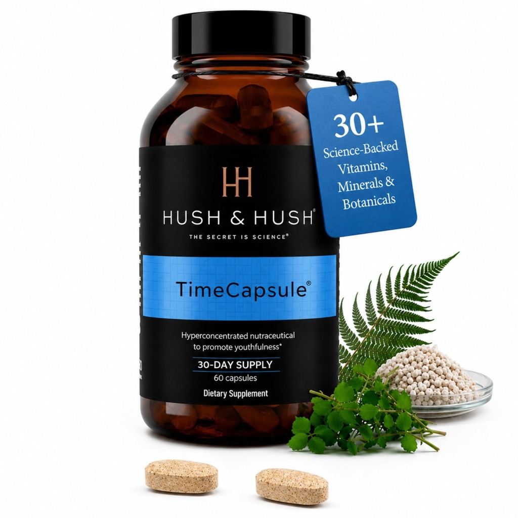 Hush & Hush TimeCapsule Multivitamine, Multivitamines pour femmes, Multivitamines pour hommes, Suppléments Nutraceutiques propres qui contient de l'acide hyaluronique, vitamine C, zinc, vitamine B12, vitamine E - 60 comprimés