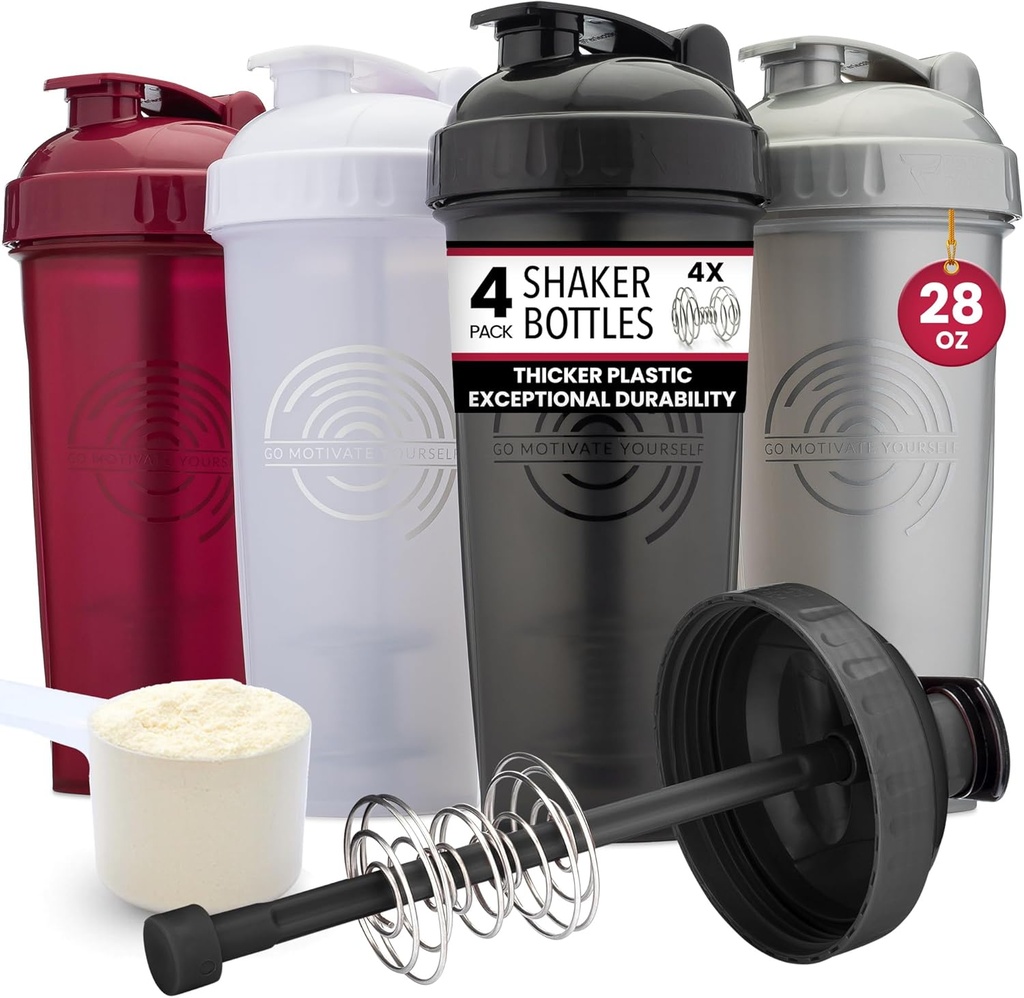 GOMOYO [4-Pack] Bouteille de shaker 28-Ounce" Bouteille de shaker de protéines en vrac avec mélangeur de fil de fer Action-Rod.