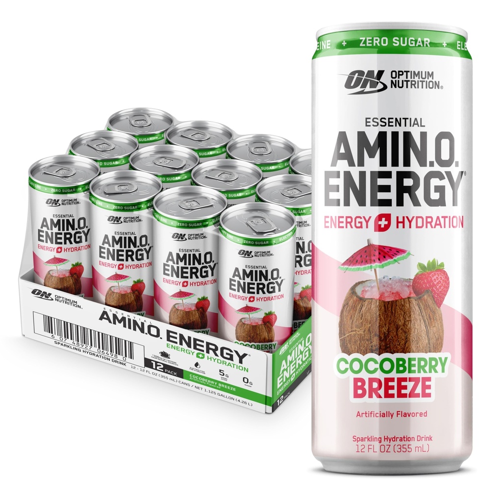 Optimum Nutrition Amino Energy Sparkling Hydration Drink, Electrolytes, Caffeine, Amino Acids, BCAAs, Sugar Free, Cocoberry Breeze, 12 Fl Oz, 12 Pack (Packaging May Vary)
