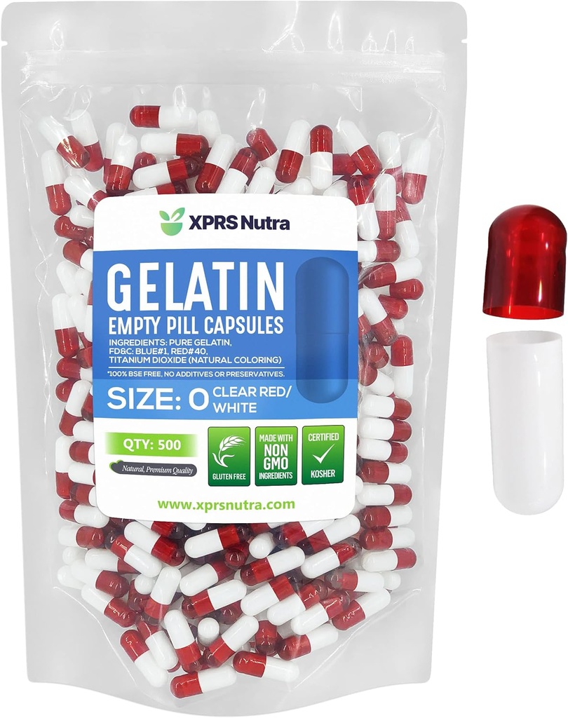 XPRS Nutra Größe 0 Leere Kapseln - 500 Graf Leere Gelatine Kapseln - DIY Kapselfüllung - Pure Bovine Pill Gel Kapseln für Do-It-Yourself Ergänzungen (Clear Red/White)