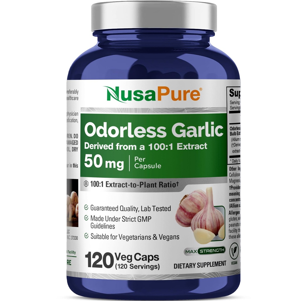 NusaPure Odorless Knoblauch 100:1 Extrakt, 50 mg Äquivalent zu 5000mg Kapsel | 120 Veggie Caps | Hohe Potenz | Kräuterergänzung | Non-GMO