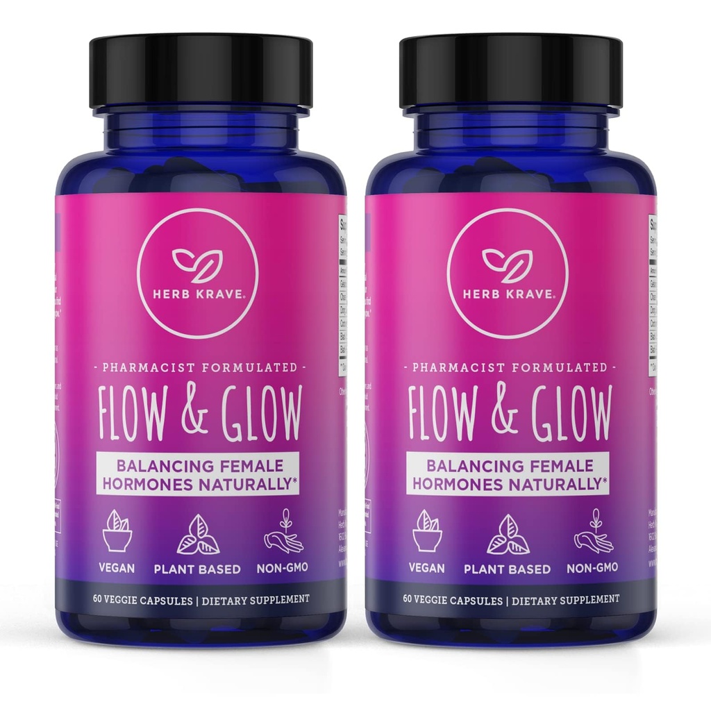Flow and Glow Natural Hormone Balance für Frauen - PMS & Menopause Relief für Cramps, Mood Swings & Night Sweats mit Donq Quai & Black Cohosh für Menopause - 60 Vegan Capsules (2 Pack)