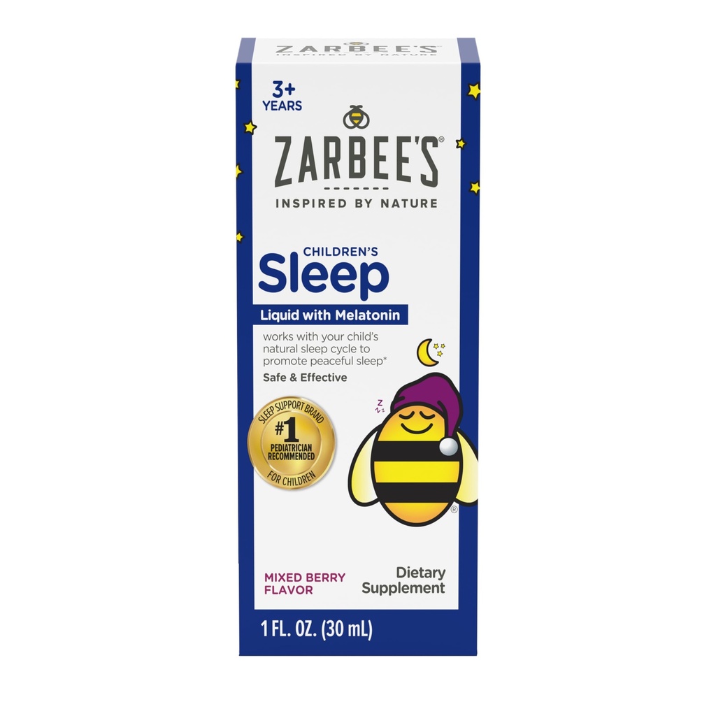 Zarbee's Kids Melatonin Sleep Supplement Liquido, 1mg Melatonina, Droga-Free & Efficace, Facile da prendere Natural Berry Flavor per bambini Età 3 e superiore, 1 Fl Oz Bottiglia