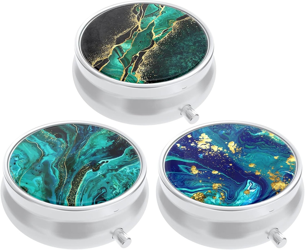 Boîte à pilules de 3 paquets, petit étui à pilules pour la Purse & Pocket, organisateur de médicaments mignons Pillbox de voyage, porte-conteneur de pilules portable pour tenir les vitamines, les médicaments, l'huile de poisson et les suppléments, Teal Ocean Marble