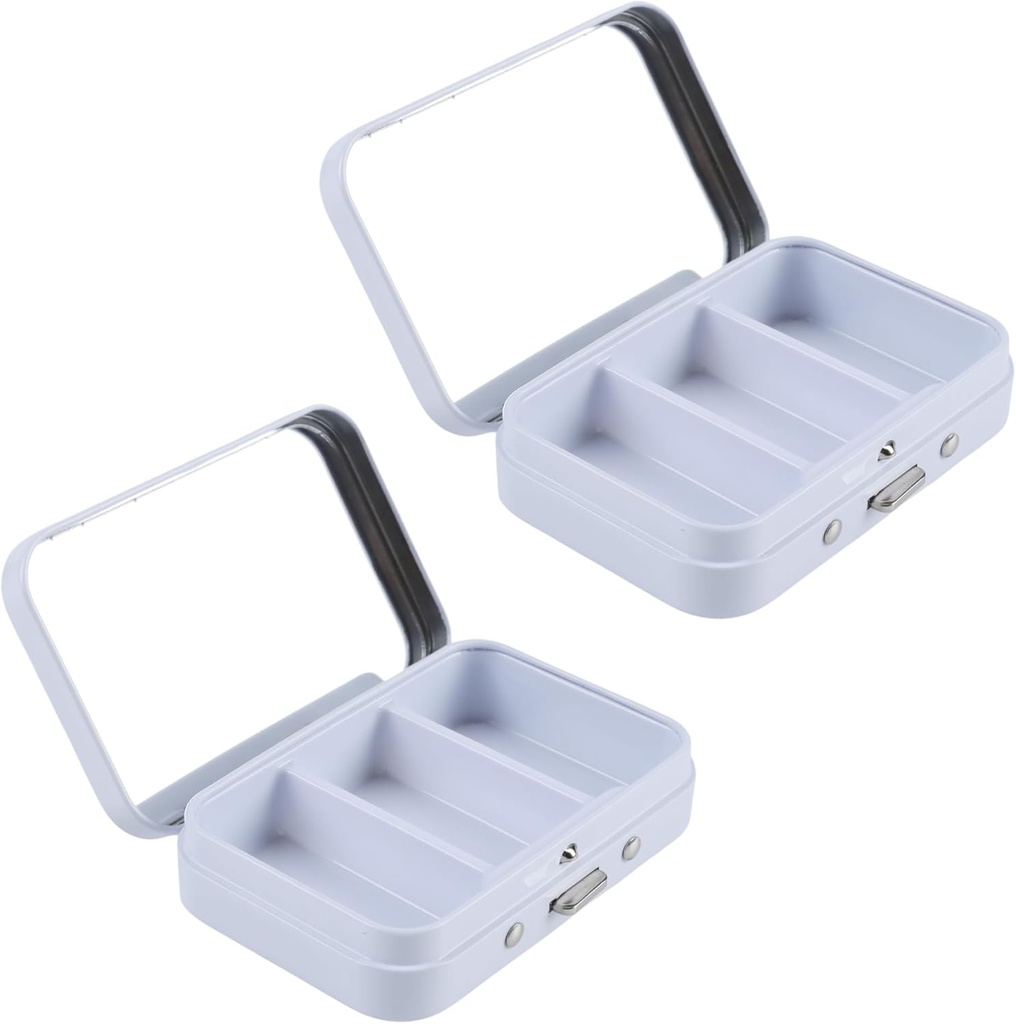 2Pcs 3 scomparti Pillola caso con specchio, Portable Metal Medicine Pill Organizer Small Pill Box Vitamin Pill Holder for Pocket, Purse, Travel (White)