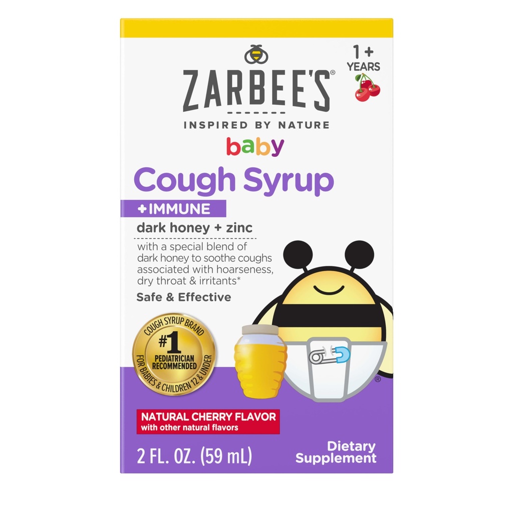 Syrup pour bébé de Zarbee en Miel + Immune pour bébés 12-24 mois, Sirop de Toux sûr et efficace avec du miel noir apaisant et du zinc pour le soutien immunitaire*, sans drogue et sans alcool, cerise, 2 fl. oz
