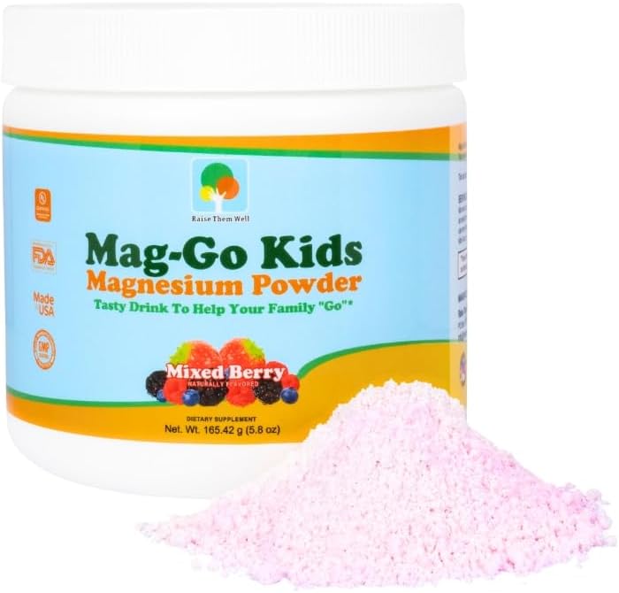 Polvere di Mag-Go Kids Constipation Relief Magnesium, Supporto giornaliero per il comfort digestivo per i bambini, Facile da mescolare, Gusto delicato, Ingredienti puliti, Bacca mista, 90 Serve