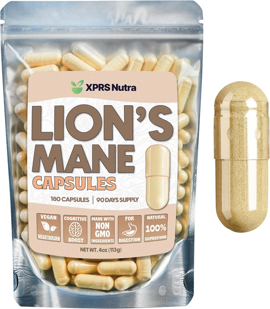 XPRS Nutra Organic Lions Mane Supplement Capsules - 180 Count (90 Day Supply) di Premium Lion's Mane Mushroom Capsules for Mental Clarity, Cognition and Immunity Lions Mane Powder Capsules